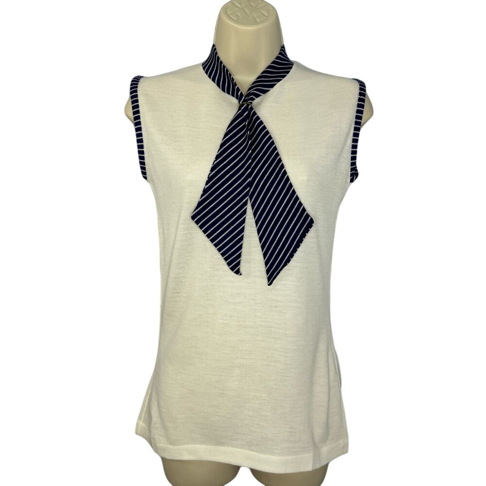 HELEN SUE 70s Vintage Nautical Collar Tie Neck Blouse Sleeveless Deadstock M